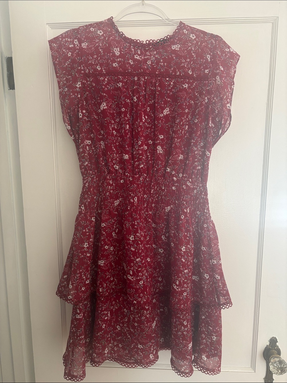 Floral Red Cap-Sleeve Smocked Waist Dress